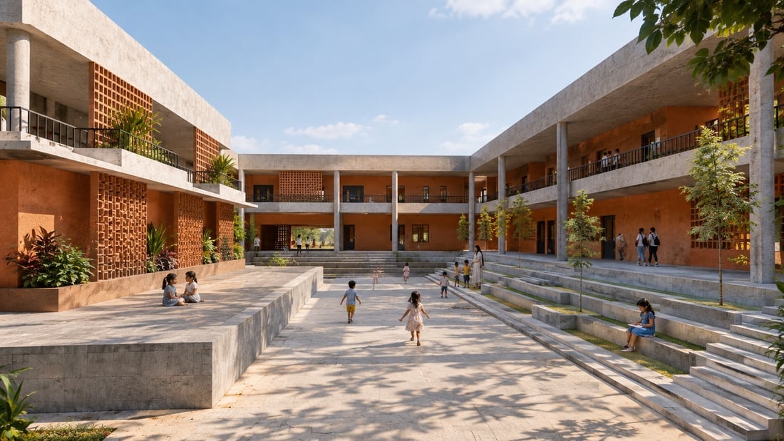 Children in the open courtyard between the two-storey classroom wings